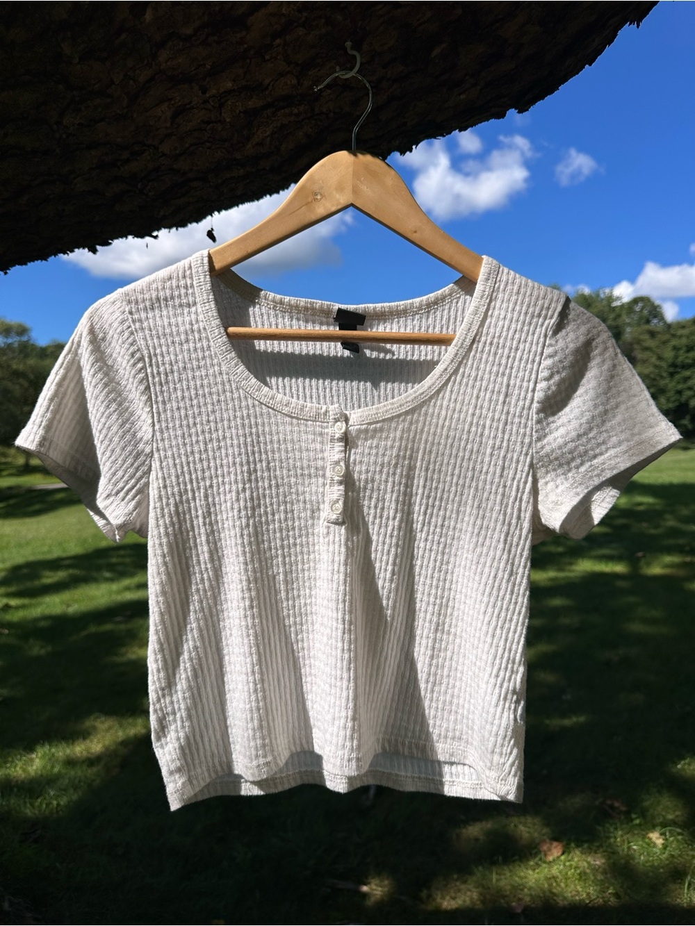 Wilfred Cream Ribbed Henley Short Sleeve Top